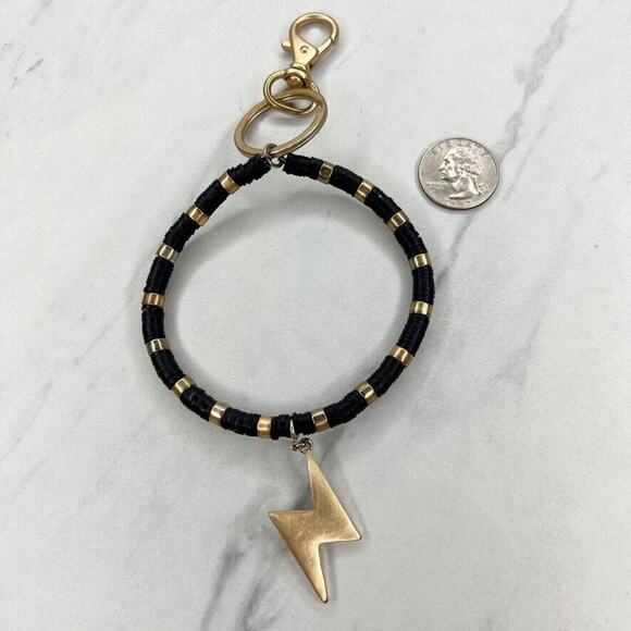 Gold Tone and Black Beaded Bracelet Lightning Charm Keychain Keyring - Picture 1 of 9
